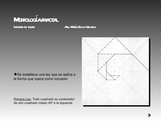M fol í fr ct l
 or oga a a
Infor de t ler
     me al                          r aí v el ndo
                                   Aq. M raSil iaV a




Se establece una ley que se aplica a
la forma que opera como iniciador




Primera Ley: Todo cuadrado es contenedor
de otro cuadrado rotado 45º a la izquierda


                                                       3
 