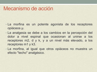 Mecanismo de acción
• La morfina es un potente agonista de los receptores
opiáceos µ.
• La analgesia se debe a los cambios en la percepción del
dolor a nivel espinal que ocasionan al unirse a los
receptores m2, d y k, y a un nivel más elevado, a los
receptores m1 y k3.
• La morfina, al igual que otros opiáceos no muestra un
efecto "techo" analgésico.
 
