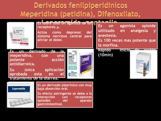Es sobre todo un agonista de los
receptores μ.
Actúa como depresor del
sistema nervioso central para
aliviar el dolor.
Es un derivado de la
meperidina, con una
potente acción
antidiarreica.
Su única aplicación
aprobada esta en el
tratamiento de la diarrea.
Es un derivado piperinico con muy
baja absorción oral.
Su efecto astringente se debe a la
interacción con receptores
opioides del aparato
gastrointestinal.
Es un agonista opioide
utilizado en analgesia y
anestesia.
Es 100 veces mas potente que
la morfina.
Rápido inicio de acción
(10min)
 