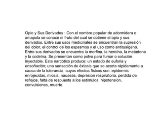 Opio y Sus Derivados : Con el nombre popular de adormidera o amapola se conoce el fruto del cual se obtiene el opio y sus derivados. Entre sus usos medicinales se encuentran la supresión del dolor, el control de los espasmos y el uso como antitusígeno. Entre sus derivados se encuentra la morfina, la heroína, la metadona y la codeína. Se presentan como polvo para fumar o solución inyectable. Este narcótico produce: un estado de euforia y ensoñación; una sensación de éxtasis que se acorta rápidamente a causa de la tolerancia, cuyos efectos físicos son: epidermis enrojecidas, miosis, nauseas, depresion respiratoria, perdida de reflejos, falta de respuesta a los estimulos, hipotension, convulsiones, muerte.  