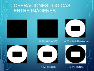 OPERACIONES LÓGICAS
ENTRE IMÁGENES
>> III=I&II; (AND)
>> IV=I|II; (OR) >> V=~II;(NO)
>> VI=II&~I;(Diferencia)I
II
 