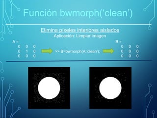 Elimina píxeles interiores aislados
Aplicación: Limpiar imagen
Función bwmorph(‘clean’)
>> B=bwmorph(A,’clean');
A =
0 0 0
0 1 0
0 0 0
B =
0 0 0
0 0 0
0 0 0
 