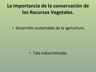 La importancia de la conservación de los Recursos Vegetales. <ul><li>Desarrollo sustentable de la agricultura. </li></ul><...