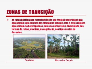 ZONAS DE TRANSIÇÃO As zonas de transição   morfoclimáticas  são regiões geográficas que apresentam uma mistura dos elementos naturais, isto é, estas regiões apresentam-se heterogênea e nelas se encontram a diversidade nas formas de relevo, do clima, da vegetação, nos tipos de rios ou dos solos. Pantanal Mata dos Cocais 