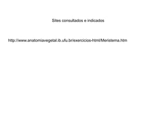 Sites consultados e indicados




http://www.anatomiavegetal.ib.ufu.br/exercicios-html/Meristema.htm
 