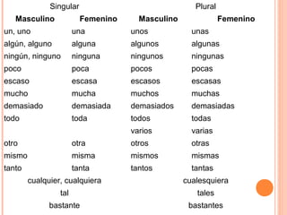 Singular Plural
Masculino Femenino Masculino Femenino
un, uno una unos unas
algún, alguno alguna algunos algunas
ningún, ninguno ninguna ningunos ningunas
poco poca pocos pocas
escaso escasa escasos escasas
mucho mucha muchos muchas
demasiado demasiada demasiados demasiadas
todo toda todos todas
varios varias
otro otra otros otras
mismo misma mismos mismas
tanto tanta tantos tantas
cualquier, cualquiera cualesquiera
tal tales
bastante bastantes
 