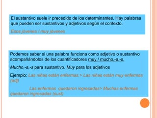 El sustantivo suele ir precedido de los determinantes. Hay palabras
que pueden ser sustantivos y adjetivos según el contexto.
Esos jóvenes / muy jóvenes
Podemos saber si una palabra funciona como adjetivo o sustantivo
acompañándolos de los cuantificadores muy / mucho,-a,-s.
Mucho,-a,-s para sustantivo. Muy para los adjetivos
Ejemplo: Las niñas están enfermas.> Las niñas están muy enfermas
(adj)
Las enfermas quedaron ingresadas> Muchas enfermas
quedaron ingresadas (sust)
 
