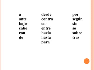 a
ante
bajo
cabe
con
de
desde
contra
en
entre
hacia
hasta
para
por
según
sin
so
sobre
tras
 