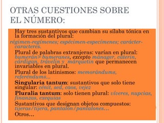 OTRAS CUESTIONES SOBRE
EL NÚMERO:
 Hay tres sustantivos que cambian su sílaba tónica en
la formación del plural:
régimen-regímenes; espécimen-especímenes; carácter-
caracteres.
 Plural de palabras extranjeras: varían en plural:
bumerán> bumeranes, excepto mánager, cáterin,
cárdigan, trávelin y márquetin que permanecen
invariables en plural.
 Plural de los latinismos: memorándums,
referéndums...
 Singularia tantum: sustantivos que solo tiene
singular: cénit, sed, caos, vejez
 Pluralia tantum: solo tienen plural: víveres, nupcias,
finanzas, exequias
 Sustantivos que designan objetos compuestos:
tijeras/tijera, pantalón/pantalones…
 Otros…
 