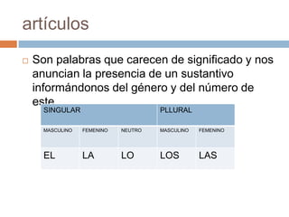 artículosSon palabras que carecen de significado y nos anuncian la presencia de un sustantivo informándonos del género y del número de este.