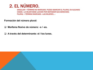 2. EL NÚMERO.
           SINGULAR = TÉRMINO NO MARCADO. PUEDE ABARCAR EL PLURAL EN ALGUNOS
           CASOS: «LA MUJER DEBE LUCHAR POR DEFENDER SUS DERECHOS»
           PLURAL = TÉRMINO MARCADO. «LAS MUJERES…»


Formación del número plural:

 Morfema flexivo de número: -s / -es.

 A través del determinante: el / los lunes.
 