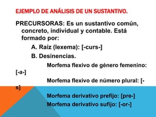 EJEMPLO DE ANÁLISIS DE UN SUSTANTIVO.

PRECURSORAS: Es un sustantivo común,
 concreto, individual y contable. Está
 formado por:
    A. Raíz (lexema): [-curs-]
    B. Desinencias.
          Morfema flexivo de género femenino:
[-a-]
          Morfema flexivo de número plural: [-
s]
          Morfema derivativo prefijo: [pre-]
          Morfema derivativo sufijo: [-or-]
 