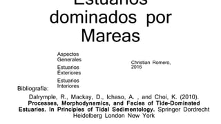 Estuarios
dominados por
Mareas
Aspectos
Generales
Estuarios
Exteriores
Estuarios
Interiores
Christian Romero,
2016
Bibliografía:
Dalrymple, R., Mackay, D., Ichaso, A. , and Choi, K. (2010).
Processes, Morphodynamics, and Facies of Tide-Dominated
Estuaries. In Principles of Tidal Sedimentology. Springer Dordrecht
Heidelberg London New York
 