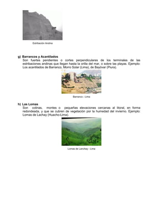 Estribación Andina 
g) Barrancos y Acantilados Son fuertes pendientes o cortes perpendiculares de los terminales de las estribaciones andinas que llegan hasta la orilla del mar, o sobre las playas. Ejemplo: Los acantilados de Barranco, Morro Solar (Lima), de Bayóvar (Piura). 
Barranco - Lima h) Las Lomas Son colinas, montes o pequeñas elevaciones cercanas al litoral, en forma redondeada, y que se cubren de vegetación por la humedad del invierno. Ejemplo: Lomas de Lachay (Huacho-Lima). 
Lomas de Lanchay - Lima 