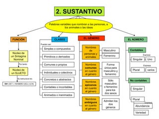 2. SUSTANTIVO
                                         Palabras variables que nombran a las personas, a
                                                      los animales o las ideas



                                                                     EL GÉNERO
        FUNCIÓN                                CLASES                                              EL NÚMERO
                                 Pueden ser:
                                                                      Nombres
                                    Simples o compuestos
                                                                         de          Masculino      Contables
       Núcleo de                                                     personas y                                 Expresa:
      un Sintagma                   Primitivos o derivados            animales       Femenino
        Nominal                                                                                      Singular       Uno
              Por tanto:            Comunes o propios                 Nombres           Forma                   Expresa:
                                                                      comunes        única para
        Núcleo de                                                     en cuanto      masculino y     Plural         varios
       un SUJETO                    Individuales o colectivos
                                                                      al género       femenino
             Su estructura es:
                                    Concretos o abstractos                               Sólo       No contables
                                                                      Nombres
SN= (DET.) +NOMBRE+(ADJ.)+(CN)                                                       masculino
                                                                      epicenos
                                    Contables o incontables                          o femenino
                                                                      en cuanto                      Singular
                                                                                       para los
                                                                      al género
                                                                                     dos sexos
                                    Animados o inanimados
                                                                      Nombres                        Plural
                                                                                     Admiten los
                                                                     ambiguos                                    Expresa:
                                                                                        dos
                                                                     en cuanto                         Abundancia
                                                                                      géneros
                                                                      al género
                                                                                                       Variedad
 
