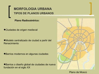 Ciudades de origen medieval   Modelo centralizado de ciudad a partir del Renacimiento Barrios modernos en algunas ciudades  Barrios o diseño global de ciudades de nueva fundación en el siglo XX  Plano Radiocéntrico: Plano de Moscú  MORFOLOGIA URBANA TIPOS DE PLANOS URBANOS 