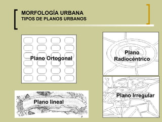 Plano Ortogonal  Plano Radiocéntrico Plano Irregular MORFOLOGÍA URBANA TIPOS DE PLANOS URBANOS Plano lineal 