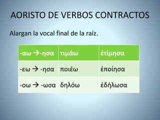 AORISTO DE VERBOS CONTRACTOS
Alargan la vocal final de la raíz.
-αω -ησα τιμάω ἐτίμησα
-εω  -ησα ποιέω ἐποίησα
-οω  -ωσα δηλόω ἐδήλωσα
 