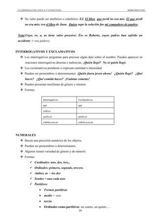 CUADERNILLO DE LENGUA Y LITERATURA                                                      MORFOSINTAXIS



      Su valor puede ser anafórico o catafórico. EJ. El libro que perdí no era mío. El que perdí
      no era mío; era el libro de Juan. Quien supo la solución fue mi compañero de pupitre.


 Nota:Cuyo, os, a, as tiene valor posesivo: Ése es Roberto, cuyos padres han sufrido un
 accidente. (=sus padres)


INTERROGATIVOS Y EXCLAMATIVOS
      Los interrogativos preguntan para precisar algún dato sobre el nombre. Pueden aparecer en
      oraciones interrogativas directas e indirectas. ¿Quién llegó? No sé quién llegó.
      Los exclamativos ponderan o expresan cantidad o intensidad
      Pueden ser pronombres o determinantes. ¡Quién fuera joven ahora! ¿Quién llegó? ¿Qué
      haces? ¿Qué comida haces? ¡Cuántas cometas!
      Pueden presentar morfemas de género y número
      Formas:


                     Interrogativos             Exclamativos

                     qué                        qué

                     cuál,es

                     quién,es                   quién,es

                     cuánto,a,os,as             cuánto,a,os,as



NUMERALES
      Hacen una precisión numérica de los objetos.
      Pueden ser pronombres o determinantes.
      Algunos tienen variedad de género y de número.
      Formas:
              Cardinales: uno, dos, tres...
              Ordinales: primero, segundo, tercero.
              Ambos, as = los dos
              Sendos = uno cada uno
              Partitivos:
                 •   Formas partitivas
                 •   medio + sust.
                 •   tercio.
                 •   Ordinales como partitivos: un cuarto, un quinto ...
                                              16
 