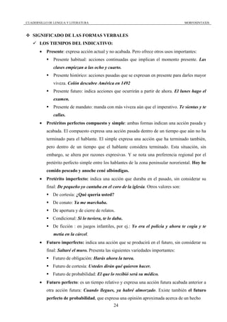 CUADERNILLO DE LENGUA Y LITERATURA                                                     MORFOSINTAXIS



   SIGNIFICADO DE LAS FORMAS VERBALES
       LOS TIEMPOS DEL INDICATIVO:
       •   Presente: expresa acción actual y no acabada. Pero ofrece otros usos importantes:
              Presente habitual: acciones continuadas que implican el momento presente. Las
              clases empiezan a las ocho y cuarto.
              Presente histórico: acciones pasadas que se expresan en presente para darles mayor
              viveza. Colón descubre América en 1492
              Presente futuro: indica acciones que ocurrirán a partir de ahora. El lunes hago el
              examen.
              Presente de mandato: manda con más viveza aún que el imperativo. Te sientas y te
              callas.
       •   Pretéritos perfectos compuesto y simple: ambas formas indican una acción pasada y
           acabada. El compuesto expresa una acción pasada dentro de un tiempo que aún no ha
           terminado para el hablante. El simple expresa una acción que ha terminado también,
           pero dentro de un tiempo que el hablante considera terminado. Esta situación, sin
           embargo, se altera por razones expresivas. Y se nota una preferencia regional por el
           pretérito perfecto simple entre los hablantes de la zona peninsular nororiental. Hoy he
           comido pescado y anoche cené albóndigas.
       •   Pretérito imperfecto: indica una acción que duraba en el pasado, sin considerar su
           final: De pequeño yo cantaba en el coro de la iglesia. Otros valores son:
              De cortesía: ¿Qué quería usted?
              De conato: Ya me marchaba.
              De apertura y de cierre de relatos.
              Condicional: Si lo tuviera, te lo daba.
              De ficción : en juegos infantiles, por ej.: Yo era el policía y ahora te cogía y te
              metía en la cárcel.
       •   Futuro imperfecto: indica una acción que se producirá en el futuro, sin considerar su
           final: Saltaré el muro. Presenta las siguientes variedades importantes:
              Futuro de obligación: Harás ahora la tarea.
              Futuro de cortesía: Ustedes dirán qué quieren hacer.
              Futuro de probabilidad: El que lo recibió será su médico.
       •   Futuro perfecto: es un tiempo relativo y expresa una acción futura acabada anterior a
           otra acción futura: Cuando llegues, ya habré almorzado. Existe también el futuro
           perfecto de probabilidad, que expresa una opinión aproximada acerca de un hecho
                                                24
 