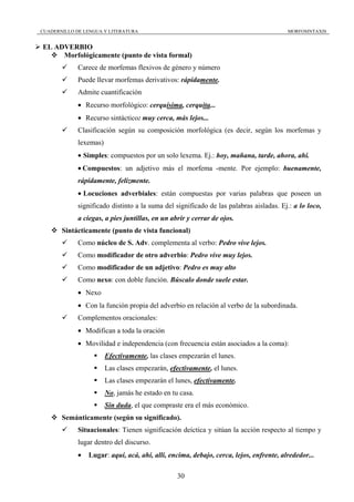 CUADERNILLO DE LENGUA Y LITERATURA                                                      MORFOSINTAXIS


EL ADVERBIO
     Morfológicamente (punto de vista formal)
             Carece de morfemas flexivos de género y número
             Puede llevar morfemas derivativos: rápidamente.
             Admite cuantificación
             • Recurso morfológico: cerquísima, cerquita...
             • Recurso sintáctico: muy cerca, más lejos...
             Clasificación según su composición morfológica (es decir, según los morfemas y
             lexemas)
             • Simples: compuestos por un solo lexema. Ej.: hoy, mañana, tarde, ahora, ahí.
             • Compuestos: un adjetivo más el morfema -mente. Por ejemplo: buenamente,
             rápidamente, felizmente.
             • Locuciones adverbiales: están compuestas por varias palabras que poseen un
             significado distinto a la suma del significado de las palabras aisladas. Ej.: a lo loco,
             a ciegas, a pies juntillas, en un abrir y cerrar de ojos.
       Sintácticamente (punto de vista funcional)
             Como núcleo de S. Adv. complementa al verbo: Pedro vive lejos.
             Como modificador de otro adverbio: Pedro vive muy lejos.
             Como modificador de un adjetivo: Pedro es muy alto
             Como nexo: con doble función. Búscalo donde suele estar.
             • Nexo
             • Con la función propia del adverbio en relación al verbo de la subordinada.
             Complementos oracionales:
             • Modifican a toda la oración
             • Movilidad e independencia (con frecuencia están asociados a la coma):
                        Efectivamente, las clases empezarán el lunes.
                        Las clases empezarán, efectivamente, el lunes.
                        Las clases empezarán el lunes, efectivamente.
                        No, jamás he estado en tu casa.
                        Sin duda, el que compraste era el más económico.
       Semánticamente (según su significado).
             Situacionales: Tienen significación deíctica y sitúan la acción respecto al tiempo y
             lugar dentro del discurso.
             •   Lugar: aquí, acá, ahí, allí, encima, debajo, cerca, lejos, enfrente, alrededor...

                                                 30
 