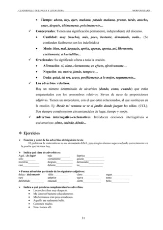 CUADERNILLO DE LENGUA Y LITERATURA                                                                 MORFOSINTAXIS



              •    Tiempo: ahora, hoy, ayer, mañana, pasado mañana, pronto, tarde, anoche,
                   antes, después, últimamente, próximamente…
              Conceptuales: Tienen una significación permanente, independiente del discurso.
              •      Cantidad: muy (mucho), más, poco, bastante, demasiado, nada... (Se
                     confunden fácilmente con los indefinidos)
              •      Modo: bien, mal, despacio, aprisa, apenas, aposta, así, libremente,
                     cortésmente, a hurtadillas...
              Oracionales: Su significado afecta a toda la oración.
              •      Afirmación: sí, claro, ciertamente, en efecto, efectivamente…
              •      Negación: no, nunca, jamás, tampoco…
              •      Duda: quizá, tal vez, acaso, posiblemente, a lo mejor, seguramente...
              Los adverbios relativos.
              Hay un número determinado de adverbios (donde, como, cuando) que están
              emparentados con los pronombres relativos. Sirven de nexo de proposiciones
              adjetivas. Tienen un antecedente, con el que están relacionados, al que sustituyen en
              la oración. Ej: Desde mi ventana se ve el jardín donde juegan los niños. (CCL).
              Son siempre complementos circunstanciales de lugar, tiempo y modo.
              Adverbios interrogativo-exclamativos: Introducen oraciones interrogativas o
              exclamativas: cómo, cuándo, dónde...


    Ejercicios
     Función y valor de los adverbios del siguiente texto:
         El problema de matemáticas no era demasiado difícil, pero ningún alumno supo resolverlo correctamente en
  la prueba que hicimos hoy.

     Indica qué clase de adverbio es:
Aquí.- de lugar           más_____________        deprisa______________
sólo_________             ciertamente_________    quizás_______________
mientras________          después____________     demasiado___________
casi____________          delante____________     no_________________

  Forma adverbios partiendo de los siguientes adjetivos:
dulce.- dulcemente      feliz __________         claro____________          sagaz_______________
raro____________       anterior_________         suave_____________         tonto_____________
deliberado__________ educado_________            cierto_____________        bello_____________

    Indica a qué palabras complementan los adverbios
        • Los coches iban muy despacio.
        • Me contestó bastante educadamente.
        • Mis hermanos eran poco estudiosos.
        • Aquello era realmente bello.
        • Comimos mucho.
        • Nos citamos allí.



                                                      31
 