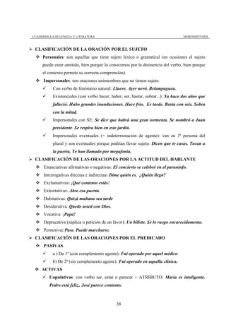 CUADERNILLO DE LENGUA Y LITERATURA                                                 MORFOSINTAXIS



 CLASIFICACIÓN DE LA ORACIÓN POR EL SUJETO
     Personales: son aquellas que tiene sujeto léxico o gramatical (en ocasiones el sujeto
     puede estar omitido, bien porque lo conocemos por la desinencia del verbo, bien porque
     el contexto permite su correcta comprensión).
      Impersonales: son oraciones unimembres que no tienen sujeto.
           Con verbo de fenómeno natural: Llueve. Ayer nevó. Relampaguea.
           Existenciales (con verbo hacer, haber, ser, bastar, sobrar...): Ya hace dos años que
           falleció. Hubo grandes inundaciones. Hace frío. Es tarde. Basta con seis. Sobra
           con la mitad.
           Impersonales con SE: Se dice que habrá una gran tormenta. Se nombró a Juan
           presidente. Se respira bien en este jardín.
           Impersonales eventuales (= indeterminación de agente): van en 3ª persona del
           plural y son eventuales porque podrían llevar sujeto: Dicen que te casas. Tocan a
           la puerta. Te han llamado por megafonía.
 CLASIFICACIÓN DE LAS ORACIONES POR LA ACTITUD DEL HABLANTE
      Enunciativas afirmativas o negativas: El concierto se celebró en el paraninfo.
      Interrogativas directas e indirectas: Dime quién es. ¿Quién llegó?
      Exclamativas: ¡Qué contento estás!
      Exhortativas: Abre esa puerta.
      Dubitativas: Quizá mañana sea tarde
      Desiderativa: Quede usted con Dios.
      Vocativa: ¡Papá!
      Deprecativa (súplica o petición de un favor): Un billete. Se lo ruego encarecidamente.
      Permisiva: Pase. Puede marcharse.
 CLASIFICACIÓN DE LAS ORACIONES POR EL PREDICADO
      PASIVAS
           a ) De 1ª (con complemento agente): Fui operado por aquel médico.
           b) De 2ª (sin complemento agente): Fui operado en aquella clínica.
     ACTIVAS
         Copulativas: con verbo ser, estar o parecer + ATRIBUTO: María es inteligente.
         Pedro está feliz.. José parece contento.



                                              38
 