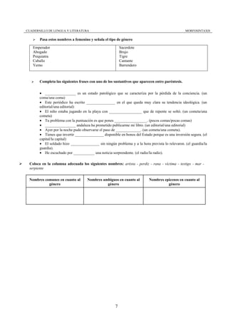 CUADERNILLO DE LENGUA Y LITERATURA                                                                MORFOSINTAXIS

       Pasa estos nombres a femenino y señala el tipo de género

   Emperador                                              Sacerdote
   Abogado                                                Brujo
   Psiquiatra                                             Tigre
   Caballo                                                Cantante
   Yerno                                                  Barrendero



       Completa las siguientes frases con uno de los sustantivos que aparecen entre paréntesis.


       • ________________ es un estado patológico que se caracteriza por la pérdida de la conciencia. (un
       coma/una coma)
       • Este periódico ha escrito _______________ en el que queda muy clara su tendencia ideológica. (un
       editorial/una editorial)
       • El niño estaba jugando en la playa con _________________ que de repente se soltó. (un cometa/una
       cometa)
       • Tu problema con la puntuación es que pones _________________. (pocos comas/pocas comas)
       • ________________ andaluza ha prometido publicarme mi libro. (un editorial/una editorial)
       • Ayer por la noche pudo observarse el paso de _____________. (un cometa/una cometa).
       • Tienes que invertir _______________ disponible en bonos del Estado porque es una inversión segura. (el
       capital/la capital)
       • El soldado hizo _______________ sin ningún problema y a la hora prevista lo relevaron. (el guardia/la
       guardia).
       • He escuchado por ___________ una noticia sorprendente. (el radio/la radio).

 Coloca en la columna adecuada los siguientes nombres: artista - perdiz - rana - víctima - testigo - mar -
 serpiente

 Nombres comunes en cuanto al       Nombres ambiguos en cuanto al          Nombres epicenos en cuanto al
           género                             género                                 género




                                                      7
 