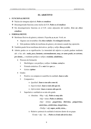 CUADERNILLO DE LENGUA Y LITERATURA                                                    MORFOSINTAXIS



                                     EL ADJETIVO
 FUNCIONALMENTE
     Núcleo de sintagma adjetival: Pedro es estudioso
     Descategorizado funciona como núcleo de S.N. Pedro es el estudioso
     Sin descategorizarse funciona en el S.N. como adyacente del nombre. Eres un chico
     estudioso
 FORMALMENTE
     Morfemas flexivos de género y número: Pequeño, a, os, as. Verde, es.
         •   Algunos son invariables: Un chico rubiales. Un triángulo isósceles.
         •   Sólo podemos hablar de morfemas de género y de número cuando hay oposición.
     También puede llevar morfemas derivativos prefijo y sufijo: Desagradable.
     Admite grados en su significación. La intensidad del adjetivo se puede graduar mediante
     adv. o loc. adv.: nada, poco, bastante, extremadamente, muy, en sumo grado, en extremo,
     por demás..., o mediante prefijos o sufijos: resalada, saladísima...
         •   Procesos de formación
                  Morfológico: con prefijos y sufijos: listísimo, extrafino
                  Fórmula sintáctica: Él es más listo que yo.
                  Léxico: óptimo
         •   Grados
                  Positivo: no compara ni cuantifica la cualidad: Juan es alto.
                  Comparativo:
                        ⇒ Igualdad: Juan es tan alto como tú.
                        ⇒ Superioridad: Juan es más alto que tú.
                        ⇒ Inferioridad: Juan es menos alto que tú.
                  Superlativo: cualidad en su más alto grado.
                        ⇒ Absoluto: -Muy + adj.: Pedro es muy alto.
                                       -Adj.+ ísimo: Pedro es altísimo.
                                       -Adj.+ érrimo: paupérrimo, libérrimo, pulquérrimo,
                                       misérrimo, celebérrimo, integérrimo...
                                       - Prefijo + adj: super, archi, extra...
                        ⇒ Relativo: potencia la cualidad al máximo dentro de un grupo.
                             El más + adj. + de…: Pedro es el más alto de la clase.



                                                8
 