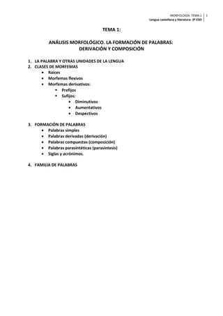 MORFOLOGÍA: TEMA 1
Lengua castellana y literatura- 3º ESO
1
TEMA 1:
ANÁLISIS MORFOLÓGICO. LA FORMACIÓN DE PALABRAS:
DERIVACIÓN Y COMPOSICIÓN
1. LA PALABRA Y OTRAS UNIDADES DE LA LENGUA
2. CLASES DE MORFEMAS
• Raíces
• Morfemas flexivos
• Morfemas derivativos:
 Prefijos
 Sufijos:
• Diminutivos
• Aumentativos
• Despectivos
3. FORMACIÓN DE PALABRAS
• Palabras simples
• Palabras derivadas (derivación)
• Palabras compuestas (composición)
• Palabras parasintéticas (parasíntesis)
• Siglas y acrónimos.
4. FAMILIA DE PALABRAS
 