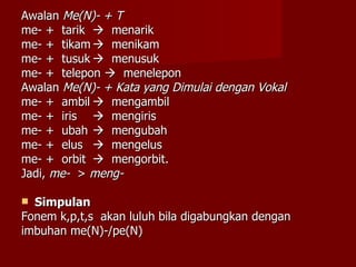 Awalan  Me(N)- + T me- +  tarik    menarik me- +  tikam    menikam me- +  tusuk    menusuk me- +  telepon     menelepon Awalan  Me(N)- + Kata yang Dimulai dengan Vokal me- +  ambil    mengambil me- +  iris    mengiris me- +  ubah    mengubah me- +  elus    mengelus me- +  orbit    mengorbit.  Jadi,  me-  >  meng- Simpulan Fonem k,p,t,s  akan luluh bila digabungkan dengan imbuhan me(N)-/pe(N) 