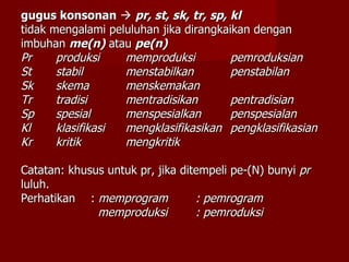gugus konsonan      pr, st, sk, tr, sp, kl   tidak mengalami peluluhan jika dirangkaikan dengan imbuhan  me(n)  atau  pe(n) Pr produksi memproduksi pemroduksian St stabil menstabilkan penstabilan Sk skema menskemakan Tr tradisi mentradisikan pentradisian Sp spesial menspesialkan penspesialan Kl klasifikasi mengklasifikasikan pengklasifikasian Kr kritik mengkritik Catatan: khusus untuk pr, jika ditempeli pe-(N) bunyi  pr   luluh. Perhatikan :  memprogram : pemrogram   memproduksi : pemroduksi 