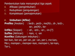 Pembentukan kata menyangkut tiga aspek Afiksasi (pengimbuhan) Reduplikasi (pengulangan) Kompleksasi (pemajemukan) Imbuhan (Afiks) Prefiks  (Awalan)  : be®-, pe®-, me(N)-, di-, te®-,    se-, pe(N)-, ke- Infiks  (Sisipan) : -el-, -em-, -er-, -in-(?) Sufiks  (Akhiran) : -kan, -i, -an Konfiks  (Gabungan imbuhan) :  ber-kan, ber-an, per–an, pe –an, per-i, me-kan,  Me-i, memper-, memper–kan, memper-i, ter-kan, Ter-i,  