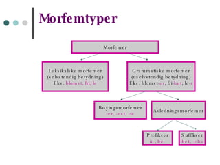 Morfemtyper Morfemer Leksikalske morfemer (selvstendig betydning) Eks.  blomst, fri, le Grammatiske morfemer (uselvstendig betydning) Eks. blomst- er , fri- het , le- r Bøyingsmorfemer -er, -est, -te Avledningsmorfemer Prefikser u-, be- Suffikser -het, -else 