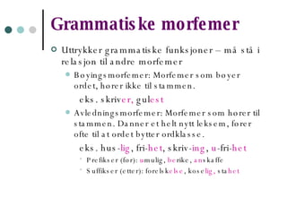 Grammatiske morfemer Uttrykker grammatiske funksjoner – må stå i relasjon til andre morfemer Bøyingsmorfemer: Morfemer som bøyer ordet, hører ikke til stammen.  eks. skriv er,  gul est Avledningsmorfemer: Morfemer som hører til stammen. Danner et helt nytt leksem, fører ofte til at ordet bytter ordklasse. eks. hus- lig , fri- het , skriv- ing ,  u -fri- het Prefikser (før):  u mulig,  be rike,  an skaffe Suffikser (etter): forelsk else , kose lig,  sta het  