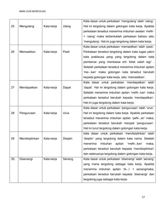 BMM 3109 MORFOLOGI
17
25 Mengulang Kata kerja Ulang
Kata dasar untuk perkataan ‘mengulang’ ialah ‘ulang’.
Hal ini tergolong dalam golongan kata kerja. Apabila
perkataan tersebut menerima imbuhan awalan ‘meN-‘
+ ‘ulang’ maka terbentuklah perkataan baharu iaitu
‘mengulang’. Hal ini juga tergolong dalam kata kerja.
26 Memastikan Kata kerja Pasti
Kata dasar untuk perkataan ‘memastikan’ ialah ‘pasti’.
Perkataan tersebut tergolong dalam kata tugas yakni
kata praklausa yang yang tergolong dalam kata
pembenar yang membawa erti ‘tidak salah lagi’ .
Setelah perkataan tersebut menerima imbuhan apitan
‘me-..kan’ maka golongan kata tersebut berubah
kepada golongan kata kerja, iaitu ‘memastikan’.
27 Mendapatkan Kata kerja Dapat
Kata dasar untuk perkataan ‘mendapatkan’ ialah
‘dapat’. Hal ini tergolong dalam golongan kata kerja.
Setelah menerima imbuhan apitan ‘meN-..kan’ maka
perkataan tersebut berubah kepada ‘mendapatkan’.
Hal ini juga tergolong dalam kata kerja.
28 Pengurusan Kata kerja Urus
Kata dasar untuk perkataan ‘pengurusan’ ialah ‘urus’.
Hal ini tergolong dalam kata kerja. Apabila perkataan
tersebut menerima imbuhan apitan ‘peN-..an’ maka,
perkataan tersebut berubah menjadi ‘pengurusan’.
Hal ini turut tergolong dalam golongan kata kerja.
29 Mendisiplinkan Kata kerja Disiplin
kata dasar untuk perkataan ‘mendisiplinkan’ ialah
‘disiplin’ yang tergolong dalam kata nama. Setelah
menerima imbuhan apitan ‘meN-..kan’ maka,
perkataan tersebut berubah kepada ‘mendisiplinkan’
dan seterusnya tergolong dalam golongan kata kerja.
30. Disenangi Kata kerja Senang Kata dasar untuk perkataan ‘disenangi’ ialah ‘senang’
yang mana tergolong sebagai kata kerja. Apabila
menerima imbuhan apitan ‘di-..i’ + senangmaka,
perkataan tersebut berubah kepada ‘disenangi’ dan
tergolong juga sebagai kata kerja.
 