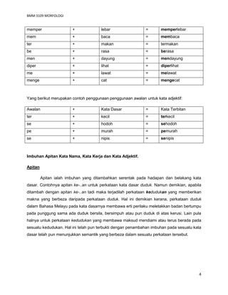 BMM 3109 MORFOLOGI
4
memper + lebar = memperlebar
mem + baca = membaca
ter + makan = termakan
be + rasa = berasa
men + dayung = mendayung
diper + lihat = diperlihat
me + lawat = melawat
menge + cat = mengecat
Yang berikut merupakan contoh penggunaan penggunaan awalan untuk kata adjektif:
Awalan + Kata Dasar = Kata Terbitan
ter + kecil = terkecil
se + hodoh = sehodoh
pe + murah = pemurah
se + nipis = senipis
Imbuhan Apitan Kata Nama, Kata Kerja dan Kata Adjektif.
Apitan
Apitan ialah imbuhan yang ditambahkan serentak pada hadapan dan belakang kata
dasar. Contohnya apitan ke-..an untuk perkataan kata dasar duduk. Namun demikian, apabila
ditambah dengan apitan ke-..an tadi maka terjadilah perkataan kedudukan yang memberikan
makna yang berbeza daripada perkataan duduk. Hal ini demikian kerana, perkataan duduk
dalam Bahasa Melayu pada kata dasarnya membawa erti perilaku meletakkan badan bertumpu
pada punggung sama ada duduk bersila, bersimpuh atau pun duduk di atas kerusi. Lain pula
halnya untuk perkataan kedudukan yang membawa maksud mendiami atau terus berada pada
sesuatu kedudukan. Hal ini telah pun terbukti dengan penambahan imbuhan pada sesuatu kata
dasar telah pun menunjukkan semantik yang berbeza dalam sesuatu perkataan tersebut.
 