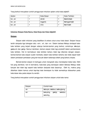 BMM 3109 MORFOLOGI
6
Yang berikut merupakan contoh penggunaan imbuhan apitan untuk kata adjektif :
Apitan + Kata Dasar = Kata Terbitan
ke-..an + akrab = keakraban
ke-..an + inggeris = keinggerisan
ke-..an + cina = kecinaan
Imbuhan Sisipan Kata Nama, Kata Kerja dan Kata Adjektif.
Sisipan
Sisipan ialah imbuhan yang diselitkan di antara unsur-unsur kata dasar. Sisipan hanya
terdiri daripada tiga bahagian iaitu –em-, -el-, dan –er-. Dalam bahasa Melayu terdapat kata-
kata terbitan yang terjadi dengan adanya bentuk-bentuk yang berikut; contohnya; telunjuk,
gemuruh dan gerigi. Namun demikian, bentuk sisipan tidak lagi produktif dalam pembentukan
kata terbitan. Hal ini bermaksud, kata terbitan baharu tidak lagi dibentuk dengan sisipan.
bentuk-bentuk kata sisipan sudah membeku dalam kata terbitan tertentu dan tidak dapat hadir
dalam perkataan-perkataan yang lain kecuali dalam beberapa istilah yang baharu dicipta.
Bentuk-bentuk sisipan ini bertugas untuk mengubah atau menetapkan kelas kata. Oleh
hal yang demikian, hal ini bermakna, kata-kata yang bersisipan dalam Bahasa Melayu tidak
banyak dan tidak lagi seperti kata terbitan daripada kata dasarnya . Oleh itu, makna yang
diberikan dalam kamus untuk tiap-tiap kata bersisipan itu tidak semestinya didasarkan pada
kata dasar atau pada sisipan itu sendiri.
Yang berikut merupakan contoh penggunaan imbuhan sisipan untuk kata nama:
Sisipan Contoh kata
-el- telunjuk, kelabut, kelengkeng.
-er- keruping, gerigi, serabut,
seruling.
 