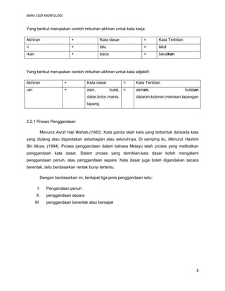 BMM 3109 MORFOLOGI
8
Yang berikut merupakan contoh imbuhan akhiran untuk kata kerja:
Akhiran + Kata dasar = Kata Terbitan
-i + lalu = lalui
-kan + baca = bacakan
Yang berikut merupakan contoh imbuhan akhiran untuk kata adjektif:
Akhiran + Kata dasar = Kata Terbitan
-an + asin, bulat,
datar,kotor,manis,
lapang
= asinan, bulatan
dataran,kotoran,manisan,lapangan
2.2.1 Proses Penggandaan
Menurut Asraf Haji Wahab,(1982). Kata ganda ialah kata yang terbentuk daripada kata
yang diulang atau digandakan sebahagian atau seluruhnya. Di samping itu, Menurut Hashim
Bin Musa, (1994). Proses penggandaan dalam bahasa Melayu ialah proses yang melibatkan
penggandaan kata dasar. Dalam proses yang demikian,kata dasar boleh mengalami
penggandaan penuh, atau penggandaan separa. Kata dasar juga boleh digandakan secara
berentak, iaitu berdasarkan rentak bunyi tertentu.
Dengan berdasarkan ini, terdapat tiga jenis penggandaan iaitu;
I. Pengandaan penuh
II. penggandaan separa
III. penggandaan berentak atau bersajak
 