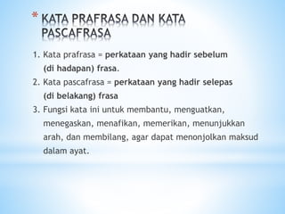 *
1. Kata prafrasa = perkataan yang hadir sebelum
(di hadapan) frasa.
2. Kata pascafrasa = perkataan yang hadir selepas
(di belakang) frasa
3. Fungsi kata ini untuk membantu, menguatkan,
menegaskan, menafikan, memerikan, menunjukkan
arah, dan membilang, agar dapat menonjolkan maksud
dalam ayat.
 