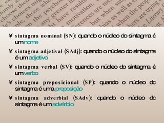 sintagma nominal (SN) : quando o núcleo do sintagma é um  nome sintagma adjetival (SAdj) : quando o núcleo do sintagma é um  adjetivo sintagma verbal (SV) : quando o núcleo do sintagma é um  verbo sintagma preposicional (SP) : quando o núcleo do sintagma é uma  preposição sintagma adverbial (SAdv) : quando o núcleo do sintagma é um  advérbio 