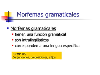Morfemas gramaticales <ul><li>Morfemas gramaticales </li></ul><ul><ul><li>tienen una función gramatical </li></ul></ul><ul...