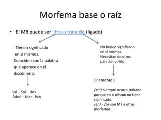 Morfema base o raíz
• El MB puede ser libre o trabado (ligado)
Tienen significado
en sí mismos.
Coinciden con la palabra
que aparece en el
diccionario.
Sal – Sol – Dos –
Árbol – Mar - Pan
No tienen significado
en sí mismos.
Necesitan de otros
para adquirirlo.
Enamorado
/am/ siempre ocurre trabado
porque en sí mismo no tiene
significado.
/en/ - /o/ son MT a otros
morfemas.
 