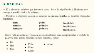 ★ RADICAL
→ É o elemento mórfico que funciona como base do significado / Morfema que
carrega o sentido básico da palavra;
→ Constitui o elemento comum a palavras da mesma família ou também chamadas
cognatas;
ferro
ferreiro
ferragem
pedra
pedreiro
pedrinha
brasilidade
brasileirismo
brasilianista
Esses radicais estão agregados a outros morfemas para complementar o sentido da
palavra, mas alguns radicais existem sozinhos, como:
● Fé
● Mal
● Pax
● Feliz
● Pires
● Lápis
● Amar
 