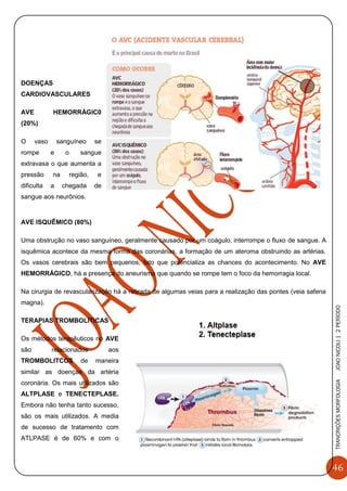 46
TRANCRIÇÕESMORFOLOGIAJOAONICOLI|2PERÌODO
DOENÇAS
CARDIOVASCULARES
AVE HEMORRÁGIC0
(20%)
O vaso sanguíneo se
rompe e o sangue
extravasa o que aumenta a
pressão na região, e
dificulta a chegada de
sangue aos neurônios.
AVE ISQUÊMICO (80%)
Uma obstrução no vaso sanguíneo, geralmente causado por um coágulo, interrompe o fluxo de sangue. A
isquêmica acontece da mesma forma das coronárias, a formação de um ateroma obstruindo as artérias.
Os vasos cerebrais são bem pequenos, fato que potencializa as chances do acontecimento. No AVE
HEMORRÁGICO, há a presença do aneurisma que quando se rompe tem o foco da hemorragia local.
Na cirurgia de revascularização há a retirada de algumas veias para a realização das pontes (veia safena
magna).
TERAPIAS TROMBOLÍTICAS
Os métodos terapêuticos no AVE
são relacionados aos
TROMBOLITCOS de maneira
similar as doenças da artéria
coronária. Os mais utilizados são
ALTPLASE e TENECTEPLASE.
Embora não tenha tanto sucesso,
são os mais utilizados. A media
de sucesso de tratamento com
ATLPASE é de 60% e com o
 