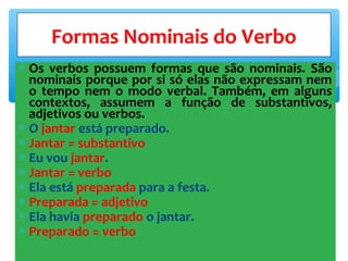 ∗ Os verbos possuem formas que são nominais. São
nominais porque por si só elas não expressam nem
o tempo nem o modo verbal. Também, em alguns
contextos, assumem a função de substantivos,
adjetivos ou verbos.
∗ O jantar está preparado.
∗ Jantar = substantivo
∗ Eu vou jantar.
∗ Jantar = verbo
∗ Ela está preparada para a festa.
∗ Preparada = adjetivo
∗ Ela havia preparado o jantar.
∗ Preparado = verbo
Formas Nominais do Verbo
 