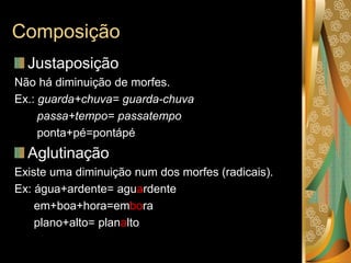 Composição
Justaposição
Não há diminuição de morfes.
Ex.: guarda+chuva= guarda-chuva
passa+tempo= passatempo
ponta+pé=pontápé
Aglutinação
Existe uma diminuição num dos morfes (radicais).
Ex: água+ardente= aguardente
em+boa+hora=embora
plano+alto= planalto
 