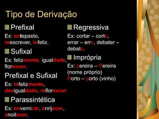 Tipo de Derivação
Prefixal
Ex: antepasto,
reescrever, infeliz.
Sufixal
Ex: felizmente, igualdade,
florescer.
Prefixal e Sufixal
Ex: infelizmente,
desigualdade, reflorescer
Parassintética
Ex: envernizar, enrijecer,
anoitecer.
Regressiva
Ex: cortar – corte,
errar – erro, debater –
debate.
Imprópria
Ex: pereira – Pereira
(nome próprio)
Porto – porto (vinho)
 