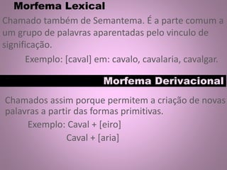 Morfema Lexical
Chamado também de Semantema. É a parte comum a
um grupo de palavras aparentadas pelo vinculo de
significação.
Exemplo: [caval] em: cavalo, cavalaria, cavalgar.
Morfema Derivacional
Chamados assim porque permitem a criação de novas
palavras a partir das formas primitivas.
Exemplo: Caval + [eiro]
Caval + [aria]
 