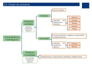 3.2. Clases de palabras
Son los verbos

Verbales

Persona
Admiten
las
desinencias
verbales

Palabras
variables

Modo

Nominales

Son los sustantivos, adjetivos, pronombres
y determinativos

Admiten
morfemas
flexivos

Palabras
invariables
No admiten
morfemas
flexivos

Tiempo
Aspecto

Admiten
morfemas
flexivos

Características
morfológicas

Número

los

Número
Género

Preposiciones, conjunciones, adverbios, interjecciones.

 
